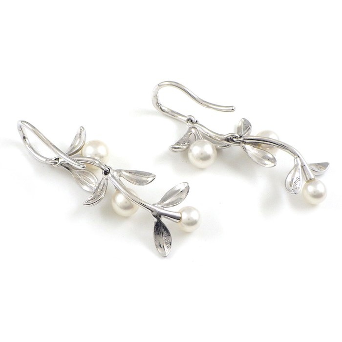 ミキモト MIKIMOTO ピアス オリーブ スウィング ドロップ パール 3.5-4.5mm珠 K18WG 【中古】