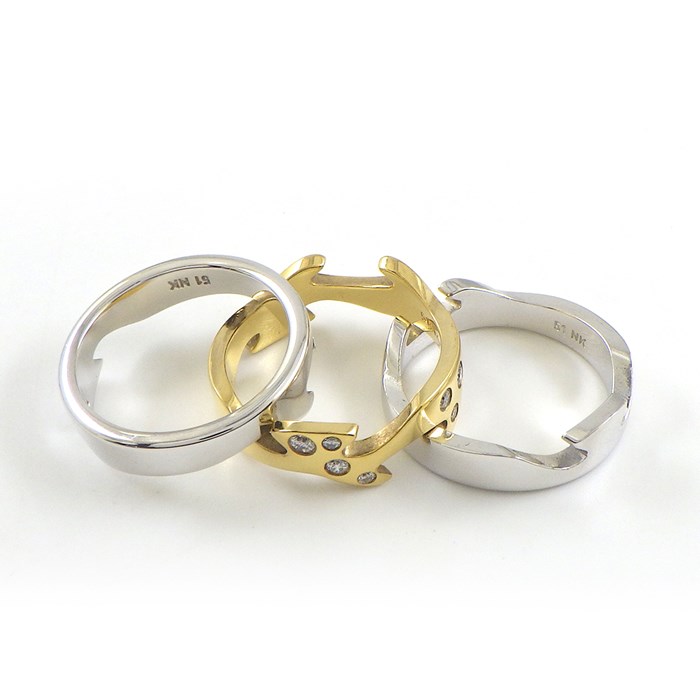 ジョージジェンセン Georg Jensen リング 【3点セット】 フュージョン 3バンド 3連 ウェーブ ダイヤモンド K18YG K18WG 12.5号 / #51 【中古】