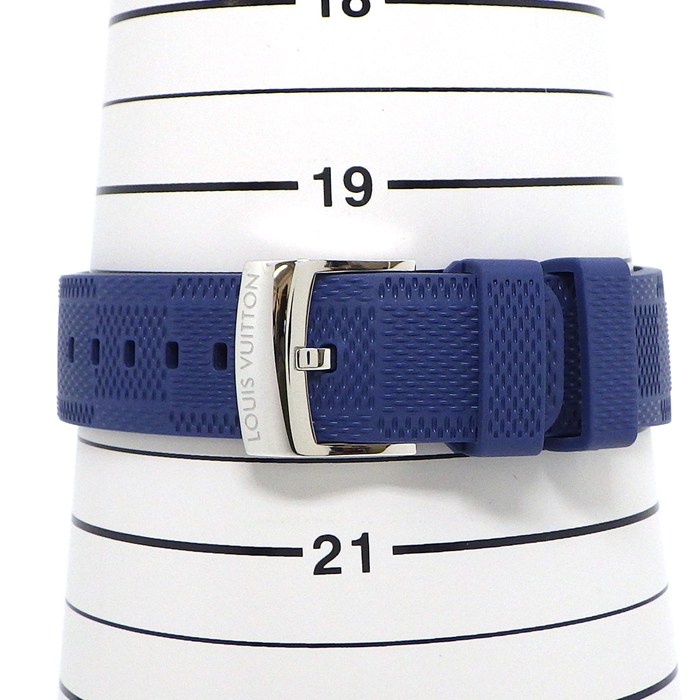 ルイ・ヴィトン LOUIS VUITTON 腕時計 タンブール QA096 シルバー文字盤 GMT ブルー ラバーベルト SS クオーツアナログ 【箱・保付き】 【中古】