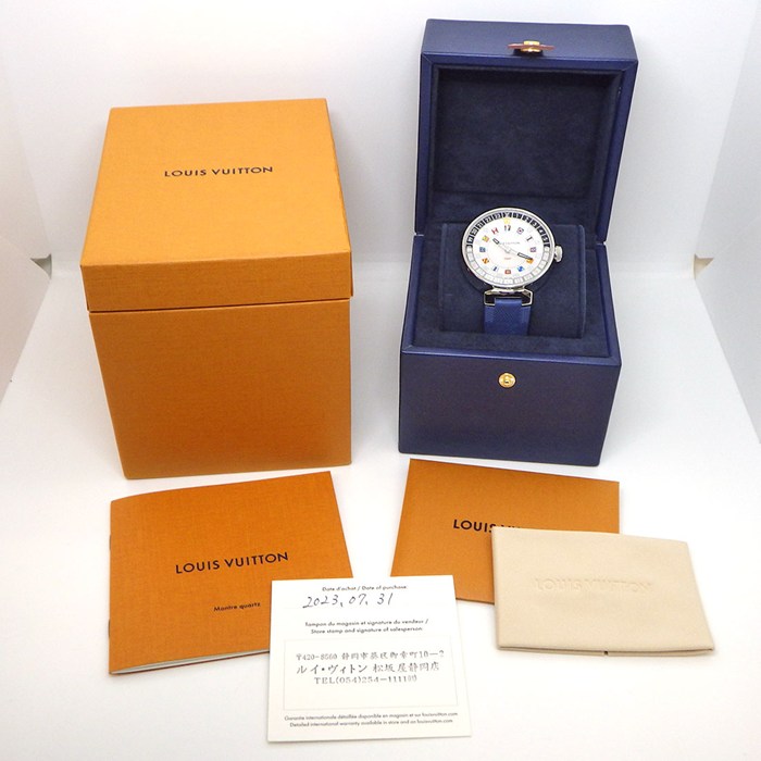 ルイ・ヴィトン LOUIS VUITTON 腕時計 タンブール QA096 シルバー文字盤 GMT ブルー ラバーベルト SS クオーツアナログ 【箱・保付き】 【中古】