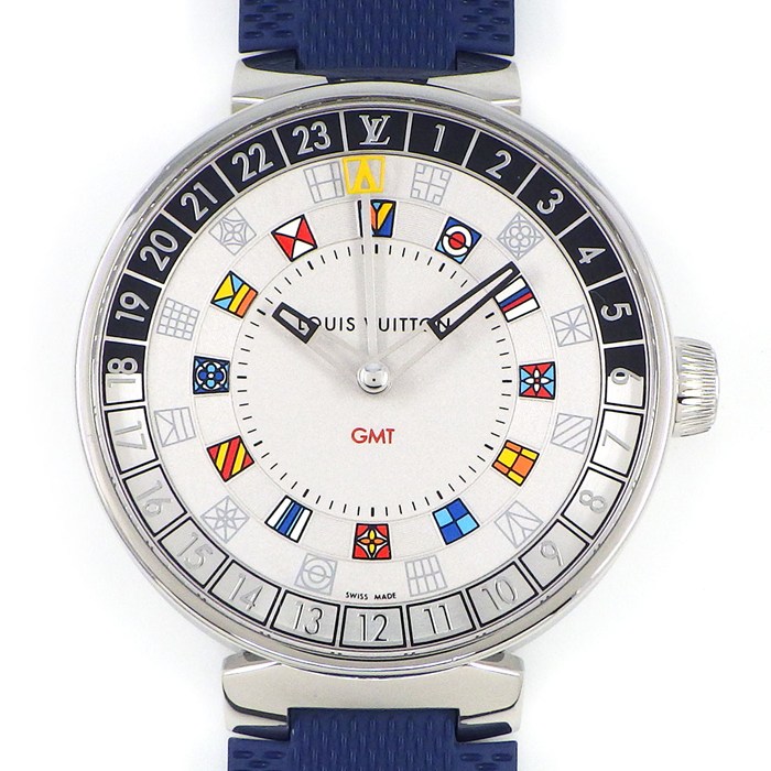 ルイ・ヴィトン LOUIS VUITTON 腕時計 タンブール QA096 シルバー文字盤 GMT ブルー ラバーベルト SS クオーツアナログ 【箱・保付き】 【中古】