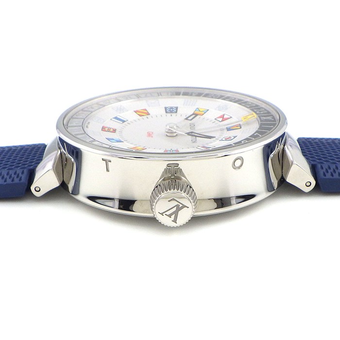 ルイ・ヴィトン LOUIS VUITTON 腕時計 タンブール QA096 シルバー文字盤 GMT ブルー ラバーベルト SS クオーツアナログ 【箱・保付き】 【中古】