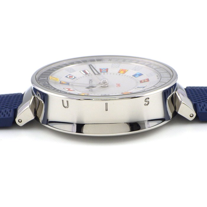 ルイ・ヴィトン LOUIS VUITTON 腕時計 タンブール QA096 シルバー文字盤 GMT ブルー ラバーベルト SS クオーツアナログ 【箱・保付き】 【中古】