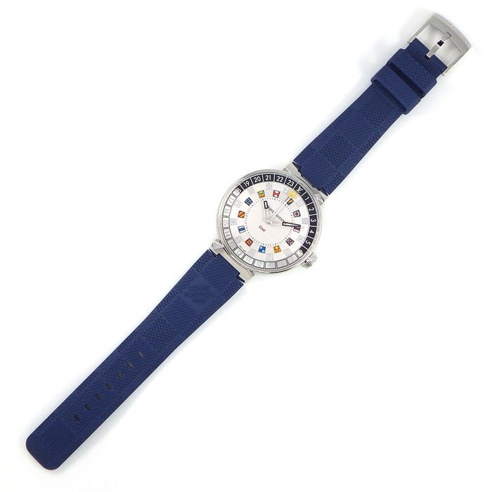 ルイ・ヴィトン LOUIS VUITTON 腕時計 タンブール QA096 シルバー文字盤 GMT ブルー ラバーベルト SS クオーツアナログ 【箱・保付き】 【中古】