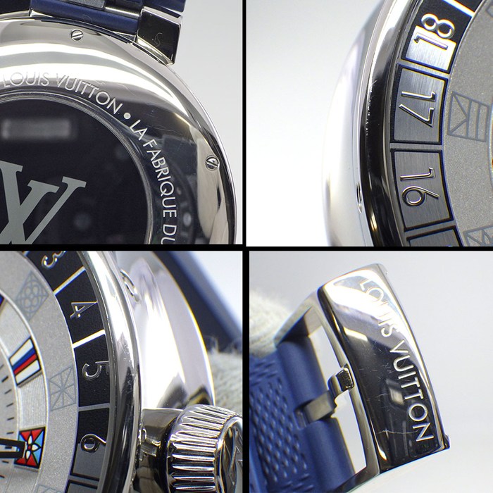 ルイ・ヴィトン LOUIS VUITTON 腕時計 タンブール QA096 シルバー文字盤 GMT ブルー ラバーベルト SS クオーツアナログ 【箱・保付き】 【中古】