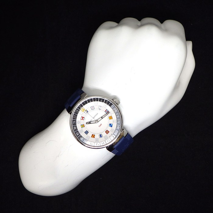 ルイ・ヴィトン LOUIS VUITTON 腕時計 タンブール QA096 シルバー文字盤 GMT ブルー ラバーベルト SS クオーツアナログ 【箱・保付き】 【中古】