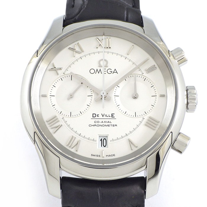 オメガ OMEGA 腕時計 デ・ヴィル アワービジョン 431.13.42.51.02.001 クロノメーター クロノグラフ デイト スモールセコンド シルバー文字盤 SS ブラック アリゲーターレザーベルト 自動巻き 【箱・保付き】 【中古】