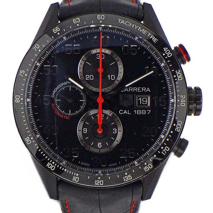 【タグ・ホイヤー TAG Heuer】腕時計 カレラ 1887 レーシング CAR2A80.FC6237 43mm カレンダー クロノグラフ タキメーター スモールセコンド ブラック文字盤/裏スケ ブラック クロコダイル レザーベルト 黒 自動巻き
