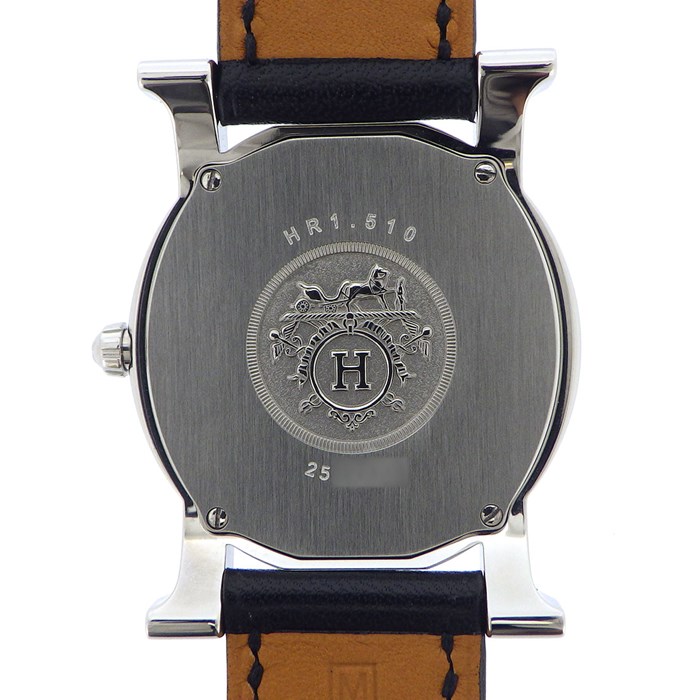 【エルメス HERMES】腕時計 Hウォッチ ロンド HR1.510 M刻印 2009年製 カレンダー シルバーギョーシェ文字盤 SS ブラック 黒 レザーベルト クオーツアナログ 