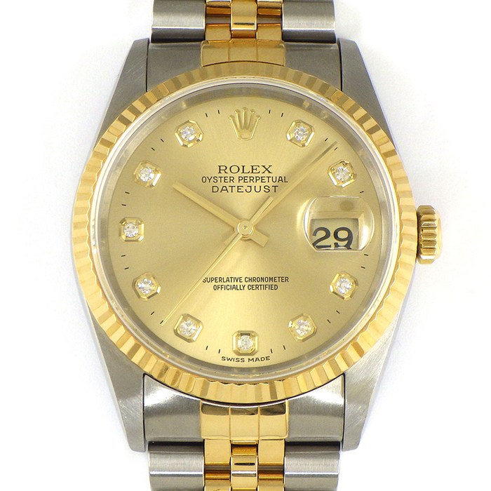 ロレックス Rolex 腕時計 デイトジャスト 16233G W番 1994-1995年製 10ポイント ダイヤインデックス サンレイ シャンパンカラー文字盤 フルーテッドベゼル ジュビリーブレス K18YG SS 自動巻き 【中古】