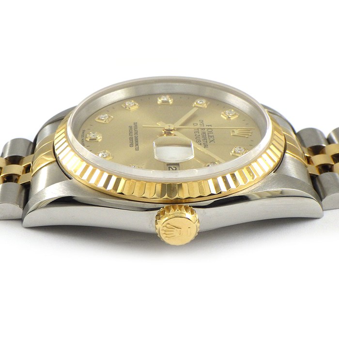 ロレックス Rolex 腕時計 デイトジャスト 16233G W番 1994-1995年製 10ポイント ダイヤインデックス サンレイ シャンパンカラー文字盤 フルーテッドベゼル ジュビリーブレス K18YG SS 自動巻き 【中古】