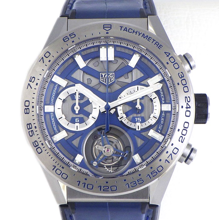 タグ・ホイヤー TAG Heuer 腕時計 カレラホイヤー02T トゥールビヨン ブルーエディション CAR5A8H.FC6448 日本限定50本 ブルー 文字盤 アリゲーター レザーベルト ラバー チタン 自動巻き 【箱・保付き】 【中古】
