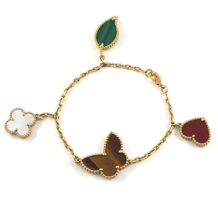 ヴァンクリーフ＆アーペル Van Cleef & Arpels ブレスレット ラッキー アルハンブラ 4モチーフ VCARD79600 ハート パピヨン クローバー リーフ タイガーアイ マラカイト カーネリアン ホワイト シェル K18YG 【中古】