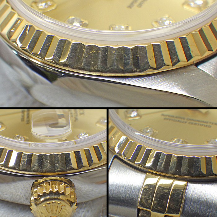 ロレックス Rolex 腕時計 デイトジャスト 79173G A番 1998-1999年製 10ポイント ダイヤインデックス サンレイ シャンパンカラー文字盤 フルーテッドベゼル ジュビリーブレス K18YG SS 自動巻き 【OH済み】 【中古】