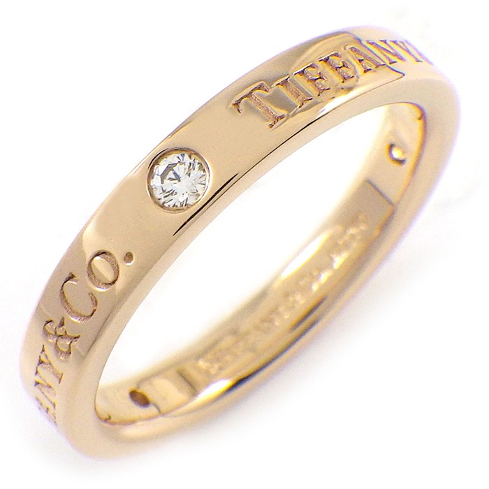ティファニー Tiffany & Co. リング フラットバンド 幅4mmモデル ロゴ 3ポイント ダイヤモンド K18PG 9.5号 【中古】