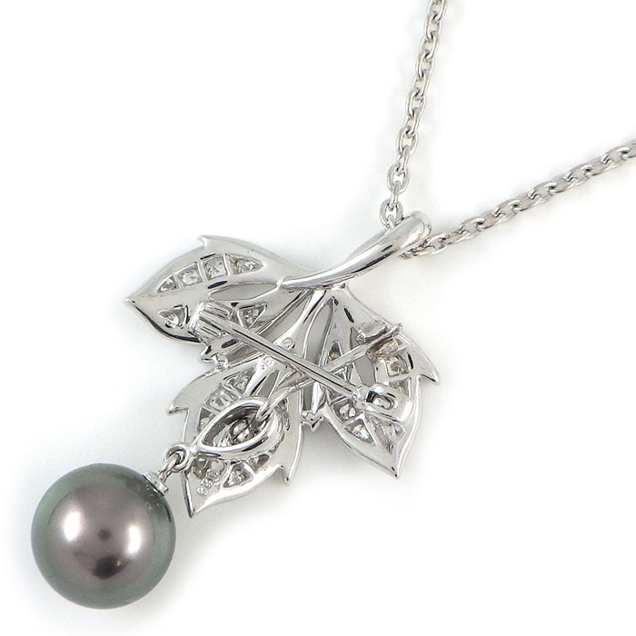 ミキモト MIKIMOTO ネックレス 兼 ブローチ リーフモチーフ 1ポイント 黒蝶真珠 9mm珠 ダイヤモンド 計0.29ct K18WG 【中古】