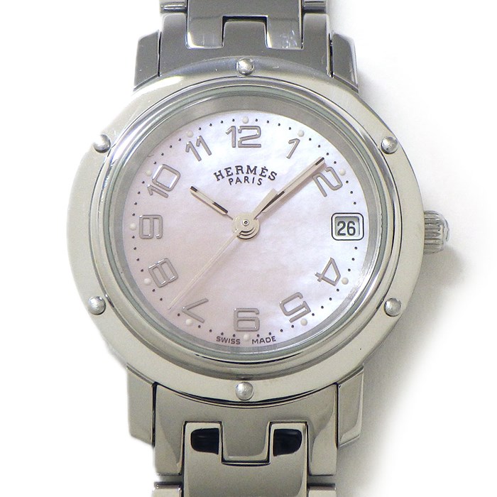エルメス HERMES 腕時計 クリッパー CL4.210 ピンクシェル文字盤 デイト SS クオーツアナログ 【中古】