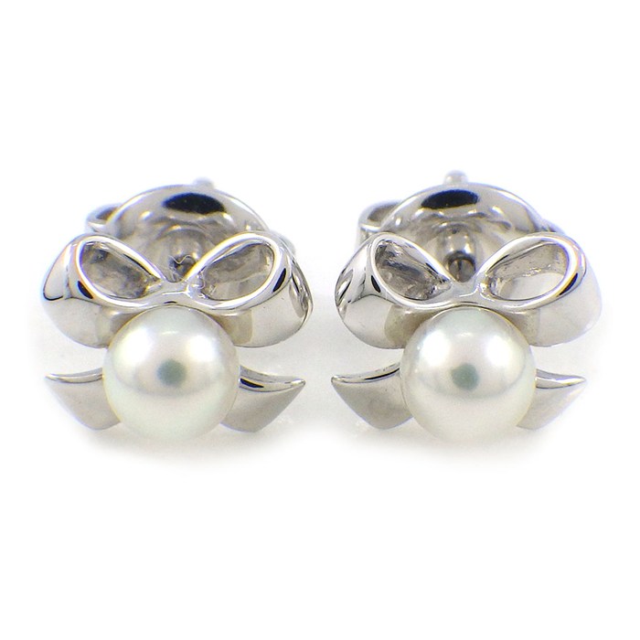 ミキモト MIKIMOTO ピアス リボンモチーフ パール 4mm珠 K18WG 【中古】