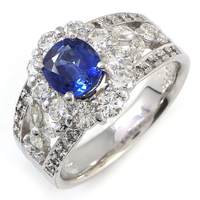 【サファイア ダイヤモンド】 リング 1ポイント サファイア 1.10ct パヴェ ダイヤモンド 計1.05ct PT900 13.5号 【中古】