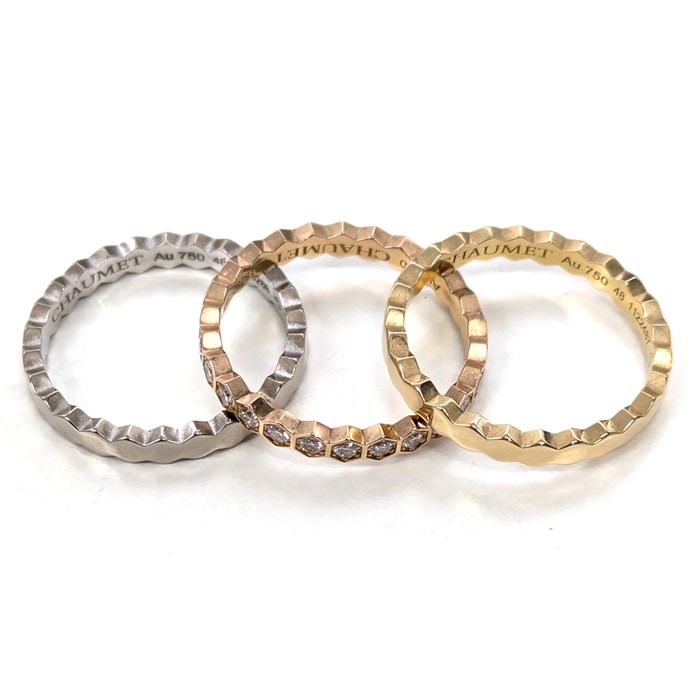 ショーメ Chaumet リング ビー マイ ラブ ハニカム 3本セット 081885 / 081935 / 081930 スリーカラー 26ポイント フルサークル ダイヤモンド K18YG K18PG K18WG 8号 / #48 【箱・保付き】 【中古】