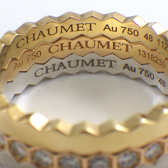 ショーメ Chaumet リング ビー マイ ラブ ハニカム 3本セット 081885 / 081935 / 081930 スリーカラー 26ポイント フルサークル ダイヤモンド K18YG K18PG K18WG 8号 / #48 【箱・保付き】 【中古】