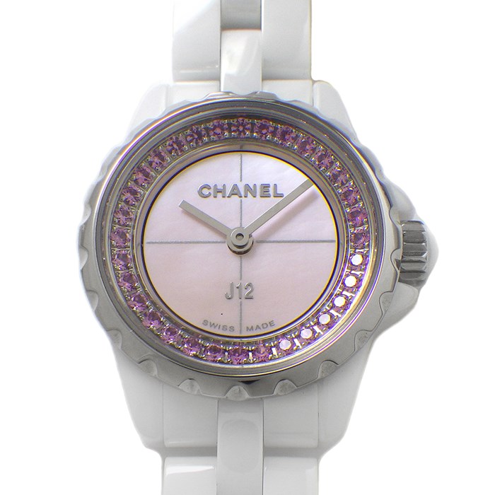 シャネル CHANEL 腕時計 J12 XS H5512 1200本限定モデル ピンクシェル文字盤 ホワイト セラミック ピンクサファイア 計0.33ct SS クオーツアナログ 【中古】