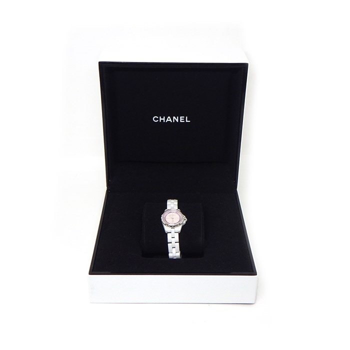 シャネル CHANEL 腕時計 J12 XS H5512 1200本限定モデル ピンクシェル文字盤 ホワイト セラミック ピンクサファイア 計0.33ct SS クオーツアナログ 【中古】