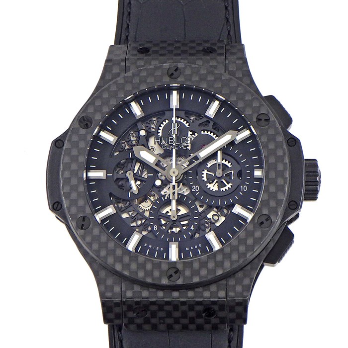 ウブロ Hublot 腕時計 ビッグバン アエロバン カーボン 311.QX.1124.RX カレンダー クロノグラフ スモールセコンド ダミエベゼル スケルトン/ブラック文字盤 カーボンファイバー クロコダイルレザー ラバー 自動巻き 【箱・保付き】 【中古】