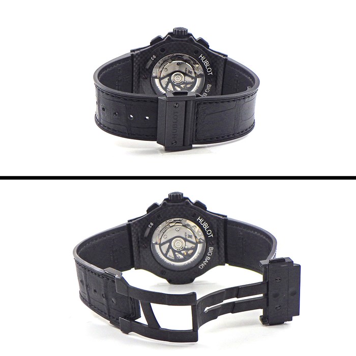 ウブロ Hublot 腕時計 ビッグバン アエロバン カーボン 311.QX.1124.RX カレンダー クロノグラフ スモールセコンド ダミエベゼル スケルトン/ブラック文字盤 カーボンファイバー クロコダイルレザー ラバー 自動巻き 【箱・保付き】 【中古】