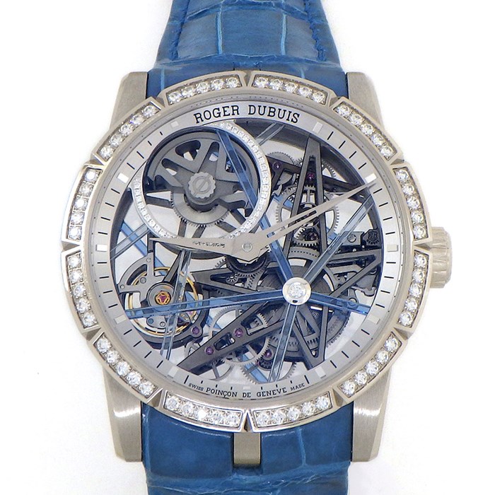 ロジェ・デュブイ ROGER DUBUIS 腕時計 エクスカリバー ブラックライト 42mm RDDBEX0744 世界88本限定 ダイヤベゼル スケルトン/ダイヤ文字盤 計1.17ct K18WG ブルー アリゲーター レザーベルト 自動巻き 【箱・保付き】 【中古】
