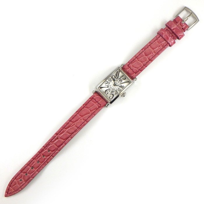 フランクミュラー FRANCK MULLER 腕時計 ロングアイランド プティ 802QZ レクタンギュラー ギョーシェ ヴァーグ シルバー文字盤 SS ピンク アリゲーター レザーベルト クオーツアナログ 【中古】