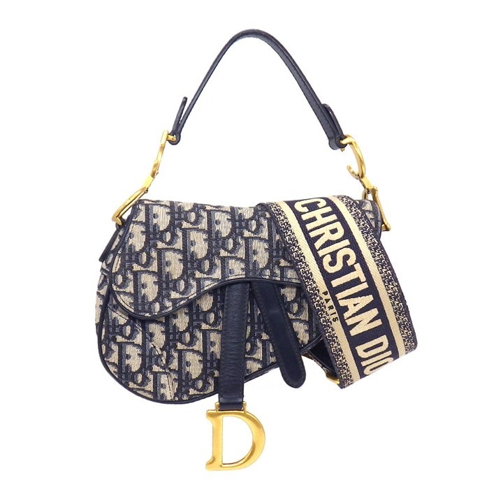 ディオール Dior ショルダーバッグ サドルバッグ ミニ M0456CTZQ_M928 ネイビー ベージュ ディオール オブリーク ジャガード カーフスキン テクニカルファブリック ゴールド金具 【中古】