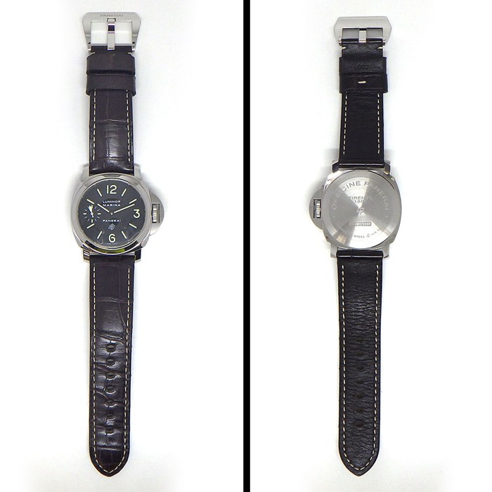 パネライ PANERAI 腕時計 ルミノールマリーナ ロゴ PAM01005 ブラック文字盤 夜光針/インデックス スモールセコンド アリゲーターレザーベルト SS 手巻き 【中古】