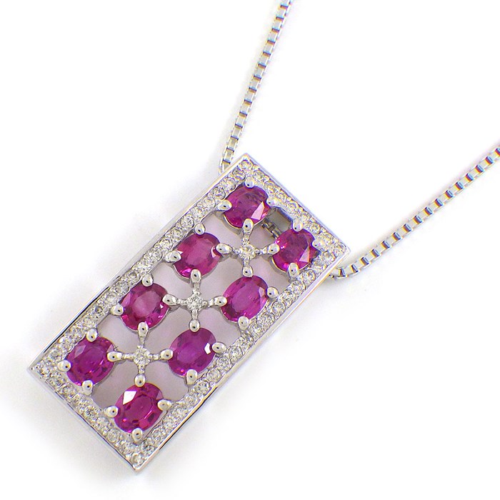 【ルビー ダイヤモンド】 ネックレス レクタングル 長方形 ルビー 計1.44ct ダイヤモンド 計0.31ct K18WG 【中古】