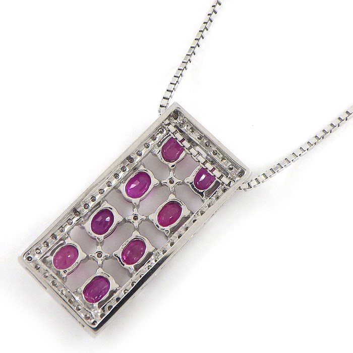 【ルビー ダイヤモンド】 ネックレス レクタングル 長方形 ルビー 計1.44ct ダイヤモンド 計0.31ct K18WG 【中古】