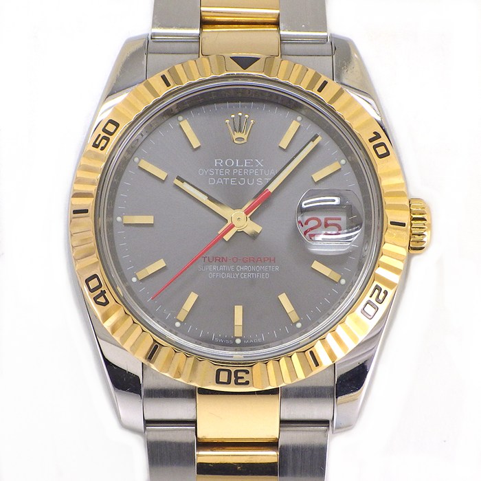 ロレックス Rolex 腕時計 デイトジャスト ターノグラフ 116263 F番 2003-2004年製 デイト 夜光インデックス 夜光針 回転ベゼル ルーレット刻印 グレー文字盤 K18YG SS 自動巻き 【箱・保付き】 【中古】