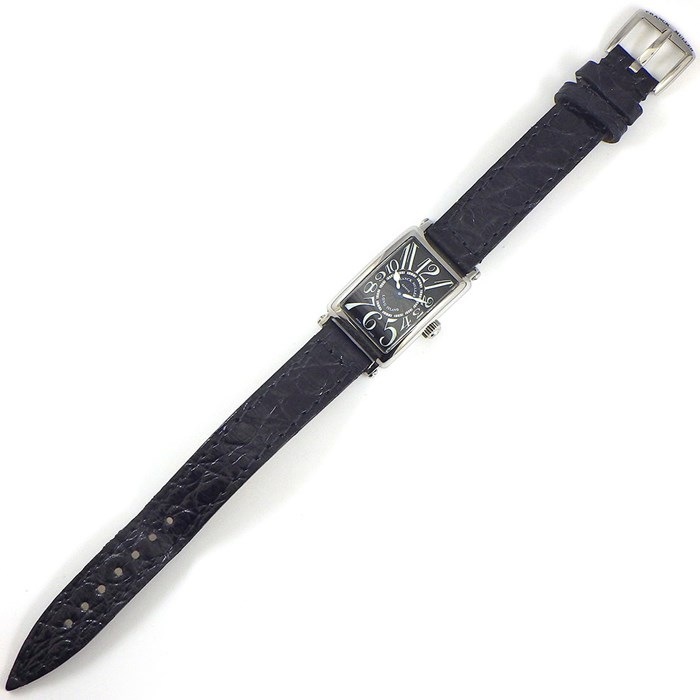 フランクミュラー FRANCK MULLER 腕時計 ロングアイランド プティ 802QZ 夜光針/インデックス レクタンギュラー ギョーシェ ヴァーグ ブラック文字盤 SS ブラック アリゲーター レザーベルト クオーツアナログ 【中古】