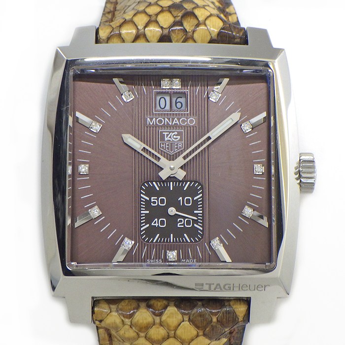 タグ・ホイヤー TAG Heuer 腕時計 モナコ グランドデイト WAW1315.FC6217  デイト 13ポイント ダイヤインデックス スクエア ブラウン文字盤 SS ベージュ/ブラウン パイソンレザーベルト クオーツアナログ 【中古】