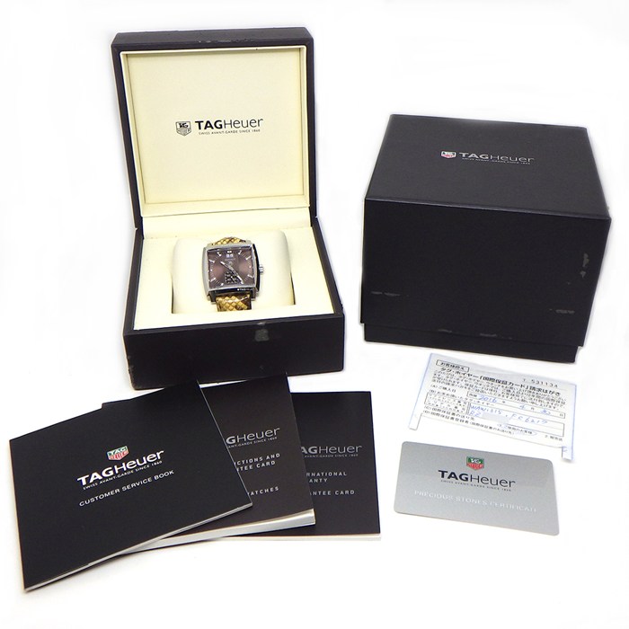 タグ・ホイヤー TAG Heuer 腕時計 モナコ グランドデイト WAW1315.FC6217  デイト 13ポイント ダイヤインデックス スクエア ブラウン文字盤 SS ベージュ/ブラウン パイソンレザーベルト クオーツアナログ 【中古】