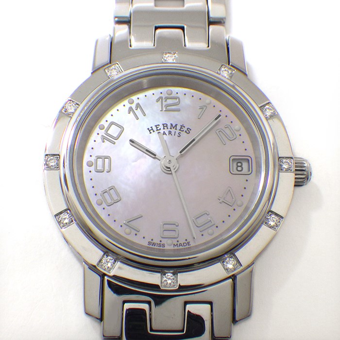エルメス HERMES 腕時計 クリッパー ナクレ CL4.230 デイト 12ポイント ダイヤベゼル ピンクシェル文字盤 SS クオーツアナログ 【中古】