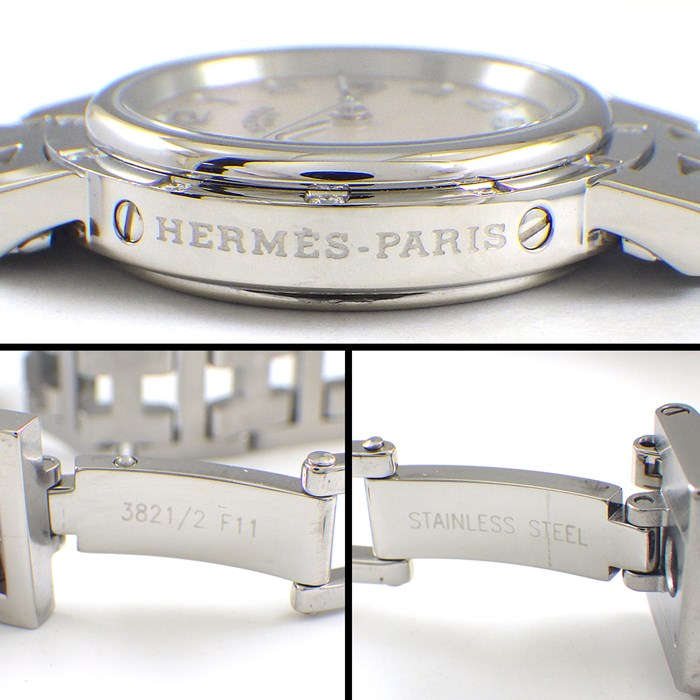 エルメス HERMES 腕時計 クリッパー ナクレ CL4.230 デイト 12ポイント ダイヤベゼル ピンクシェル文字盤 SS クオーツアナログ 【中古】