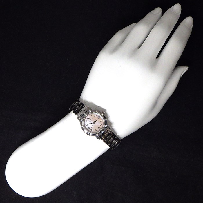 エルメス HERMES 腕時計 クリッパー ナクレ CL4.230 デイト 12ポイント ダイヤベゼル ピンクシェル文字盤 SS クオーツアナログ 【中古】