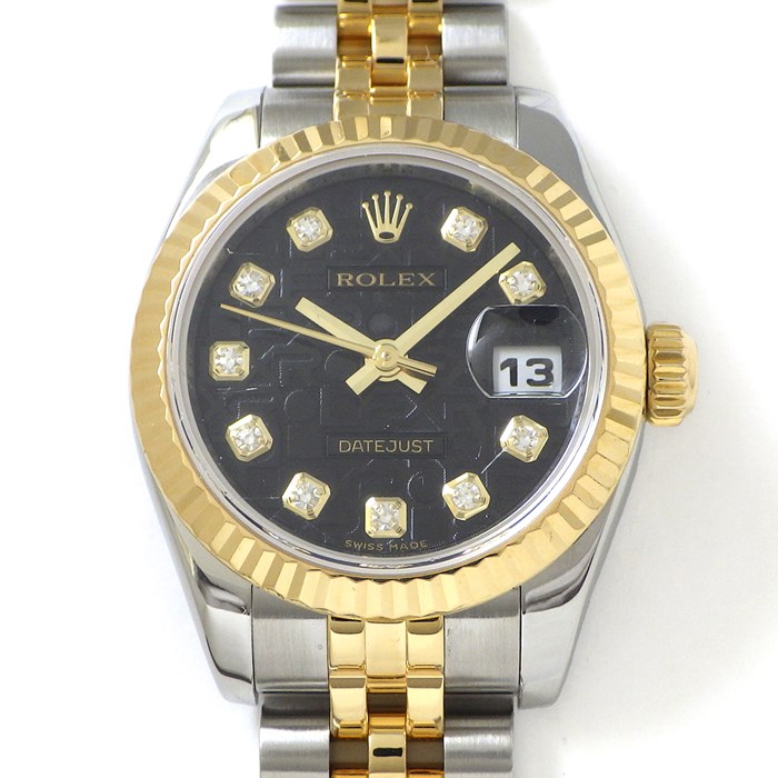 ロレックス Rolex 腕時計 デイトジャスト 26 179173G Z番 2006年製 ルーレット刻印 10ポイント ダイヤインデックス ブラック コンピューター文字盤 彫コン フルーテッドベゼル ジュビリーブレス K18YG SS 自動巻き 【中古】