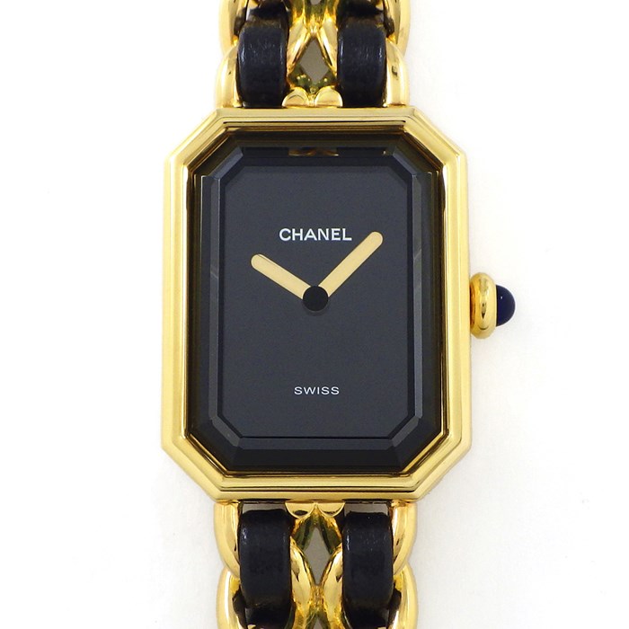 シャネル CHANEL 腕時計 プルミエール M H0001 オクタゴナル ブラック文字盤 チェーンブレス GP レザー クオーツアナログ 【中古】