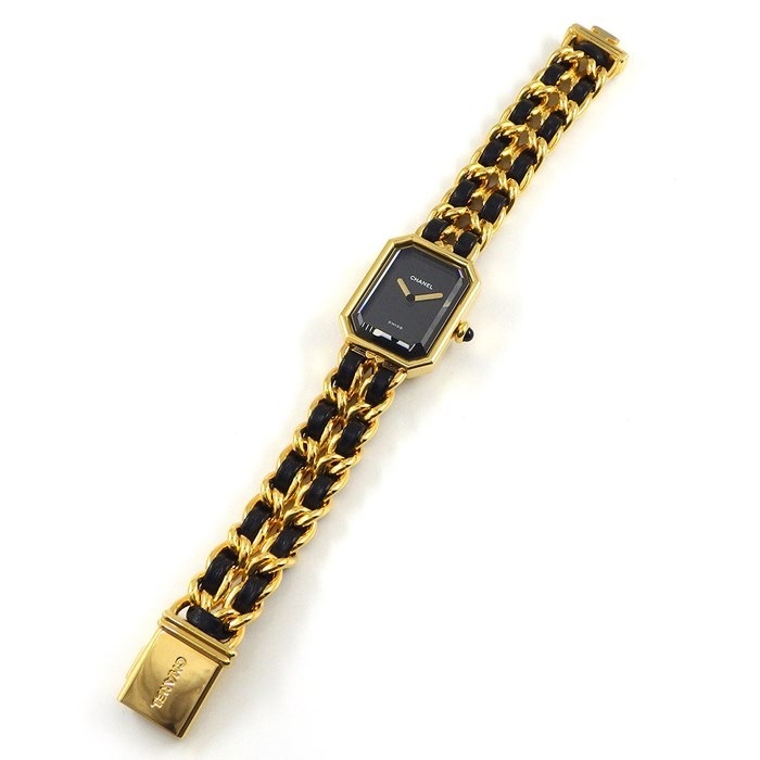 シャネル CHANEL 腕時計 プルミエール M H0001 オクタゴナル ブラック文字盤 チェーンブレス GP レザー クオーツアナログ 【中古】