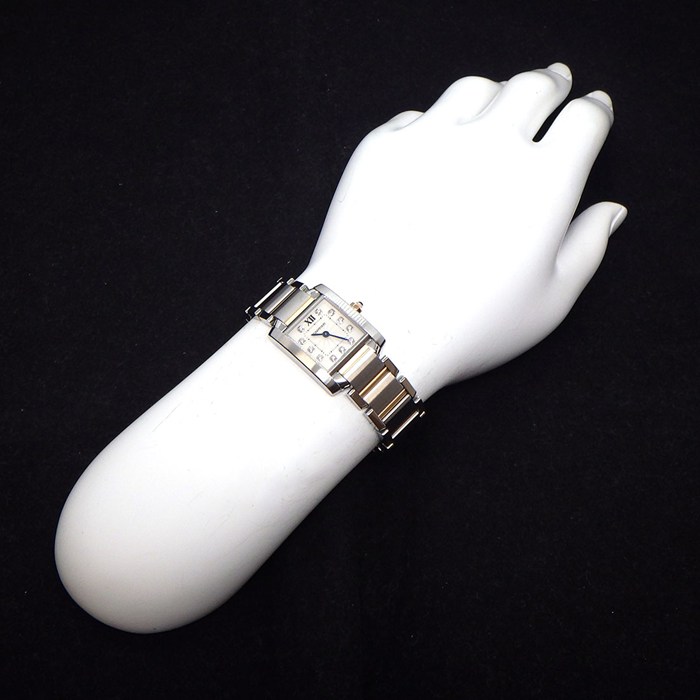 カルティエ Cartier 腕時計 タンク フランセーズ SM WE110004 11ポイント ダイヤインデックス スクエア ギョーシェ シルバー文字盤 K18PG SS クオーツアナログ 【中古】