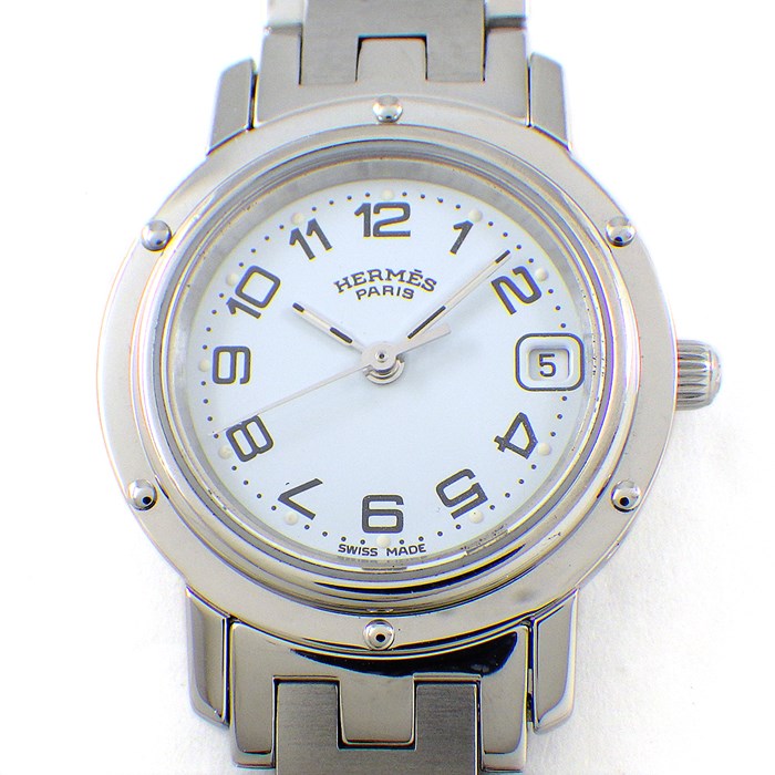 エルメス HERMES 腕時計 クリッパー CL4.210 デイト ホワイト文字盤 SS クオーツアナログ 【中古】