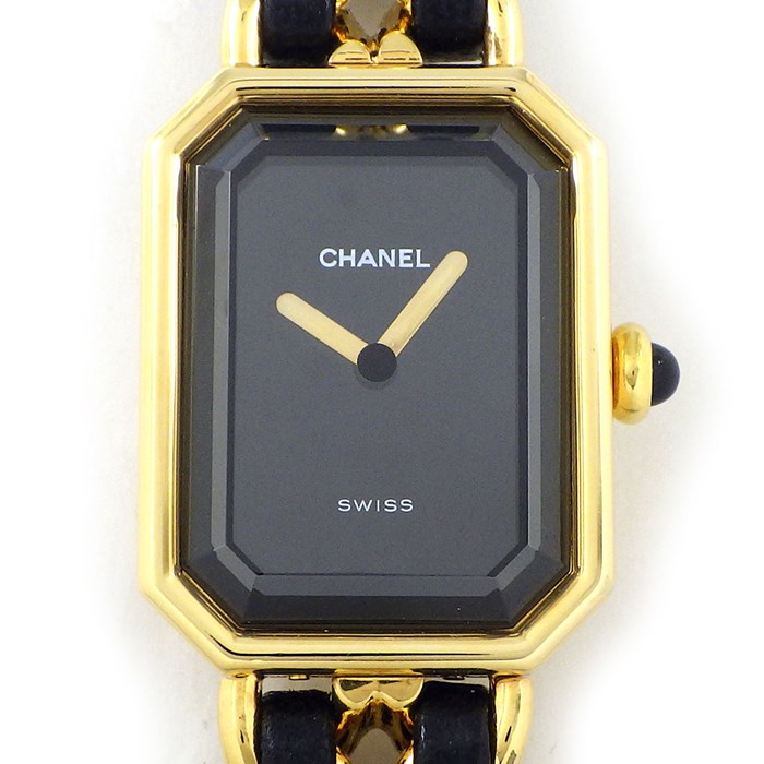 シャネル CHANEL 腕時計 プルミエール M H0001 オクタゴナル ブラック文字盤 チェーンブレス GP ゴールド レザーベルト クオーツアナログ 【中古】