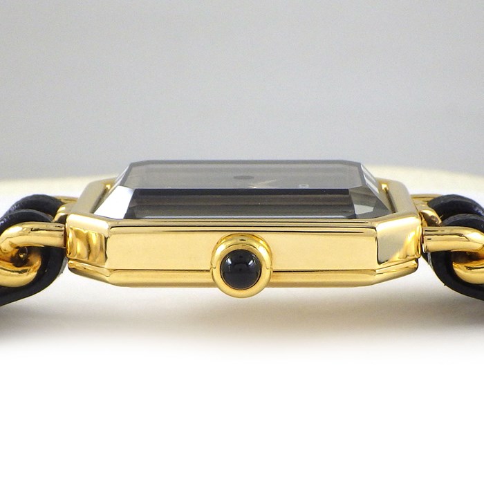 シャネル CHANEL 腕時計 プルミエール M H0001 オクタゴナル ブラック文字盤 チェーンブレス GP ゴールド レザーベルト クオーツアナログ 【中古】
