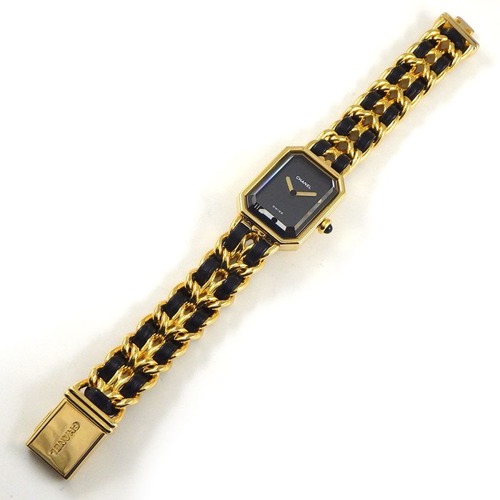 シャネル CHANEL 腕時計 プルミエール M H0001 オクタゴナル ブラック文字盤 チェーンブレス GP ゴールド レザーベルト クオーツアナログ 【中古】